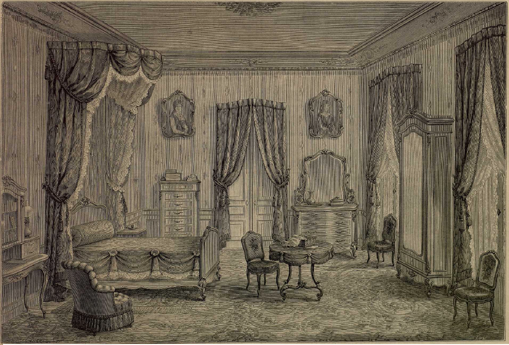 Dormitorio del último tercio del s. XIX. La Moda elegante ilustrada. 1.883. Biblioteca Universitaria de la UGR. CC ES.