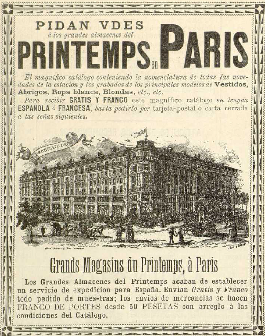 Este anuncio aparece en El Salón de la moda de 1891 y se encuentra en la Biblioteca Universitaria de la UGR. CC ES.