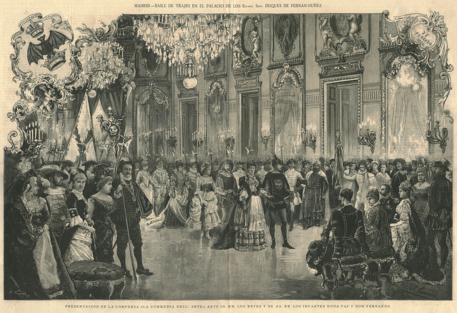 Baile de trajes en el Palacio de los Duques de Fernán-Núñez. Presentación de la Commedia dell'Arte ante los Reyes Alfonso XII y Mª Cristina. (Madrid) 1884.